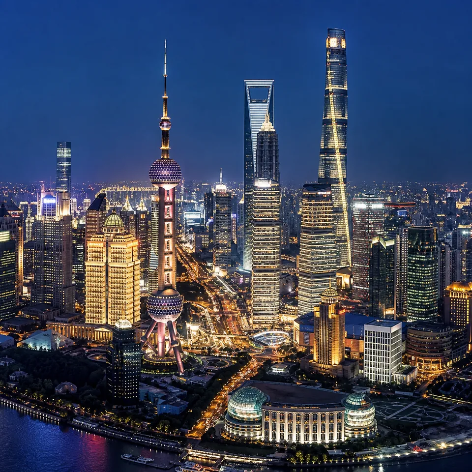 微俯视视角下灯光璀璨的上海陆家嘴夜景